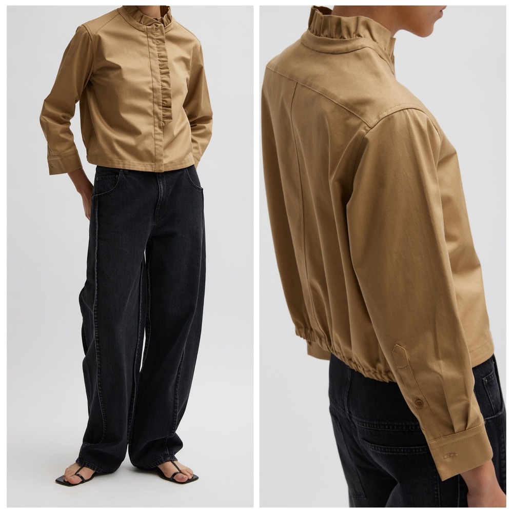 Tibi Chino Holly Shirt Women 14 Tan Ruffle Collar Bracelet Sleeve Quiet‎ Luxury
